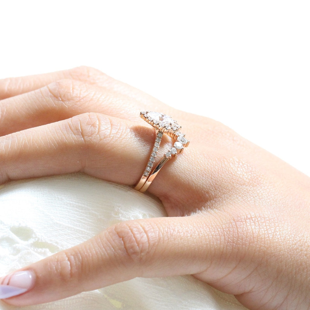 Pear cut moissanite with halo bridal band set 14k in rose gold