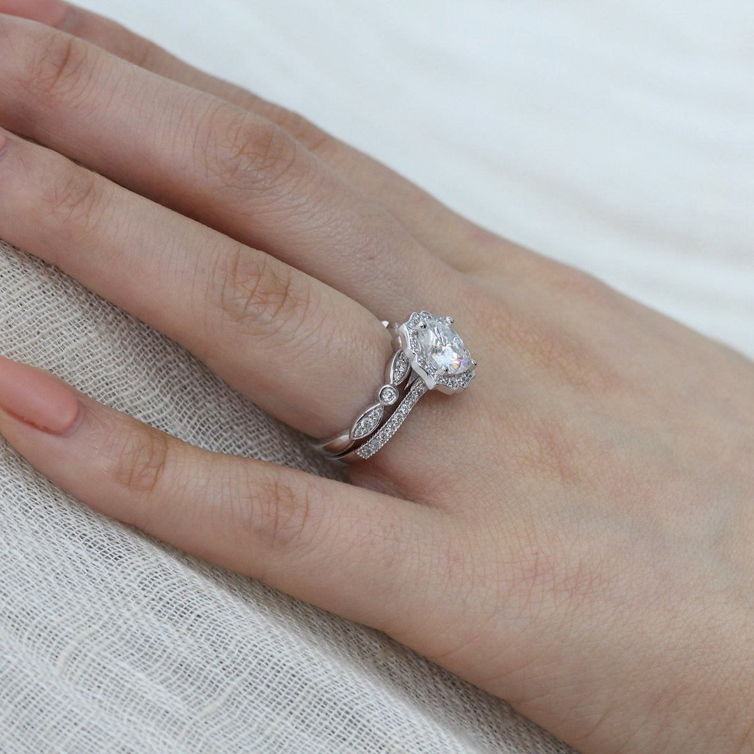 Vintage Floral Cushion Cut Bridal Set With Moissanite Milgrain Band