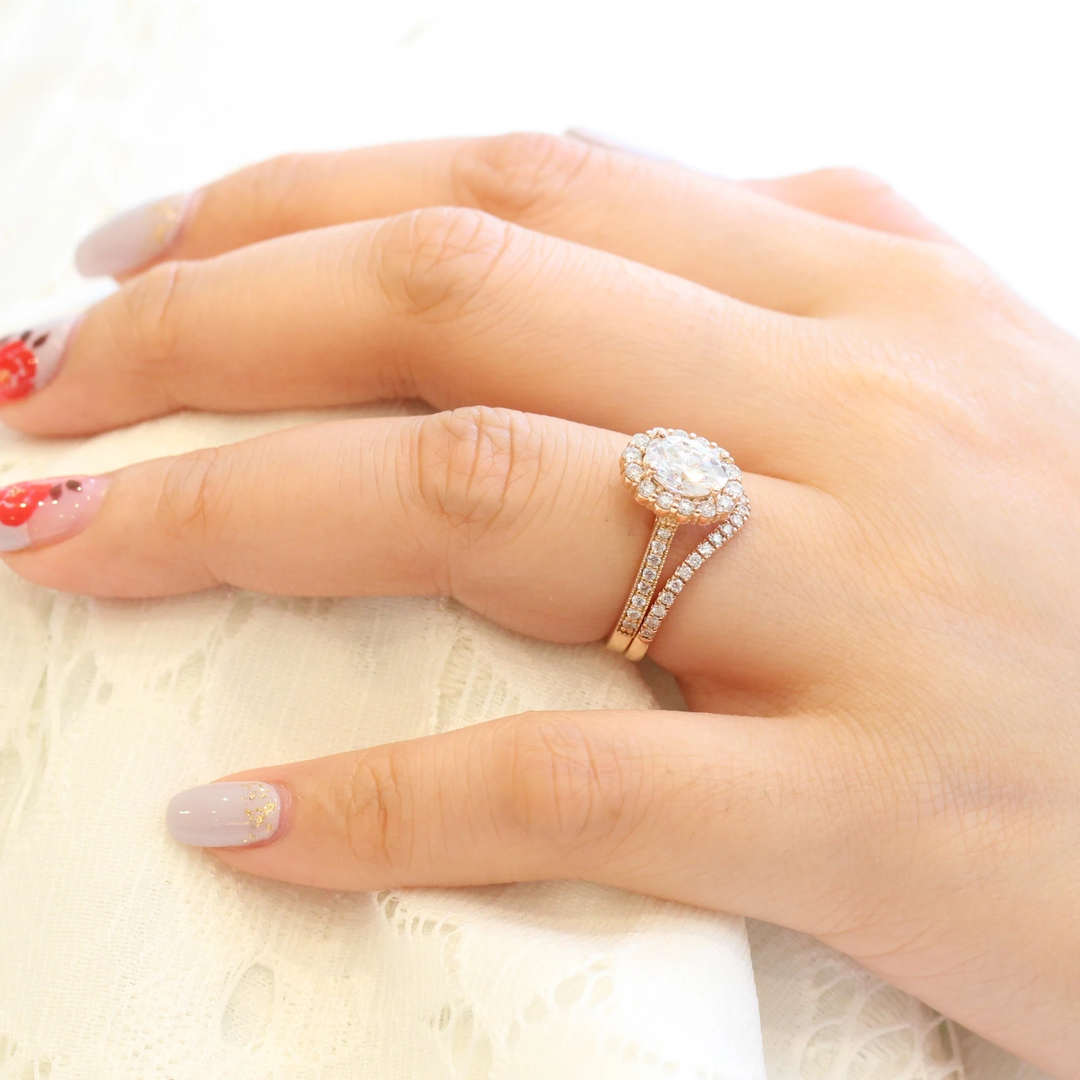 1.50ct Oval Cut Moissanite Halo Engagement Ring With Curved Wedding Band