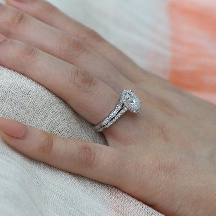 Oval Halo Pave Moissanite Ring With Scalloped Diamond Band