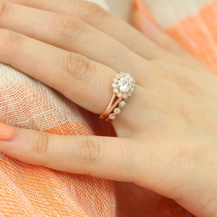 1.0ct Oval East-West Halo Engagement Ring With Bezel Wedding Band