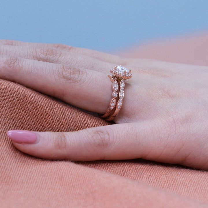 Cushion cut moissanite with halo bridal band set 14k in rose gold