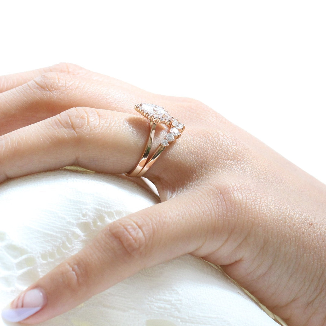 Pear cut moissanite with halo bridal band set 14k in rose gold