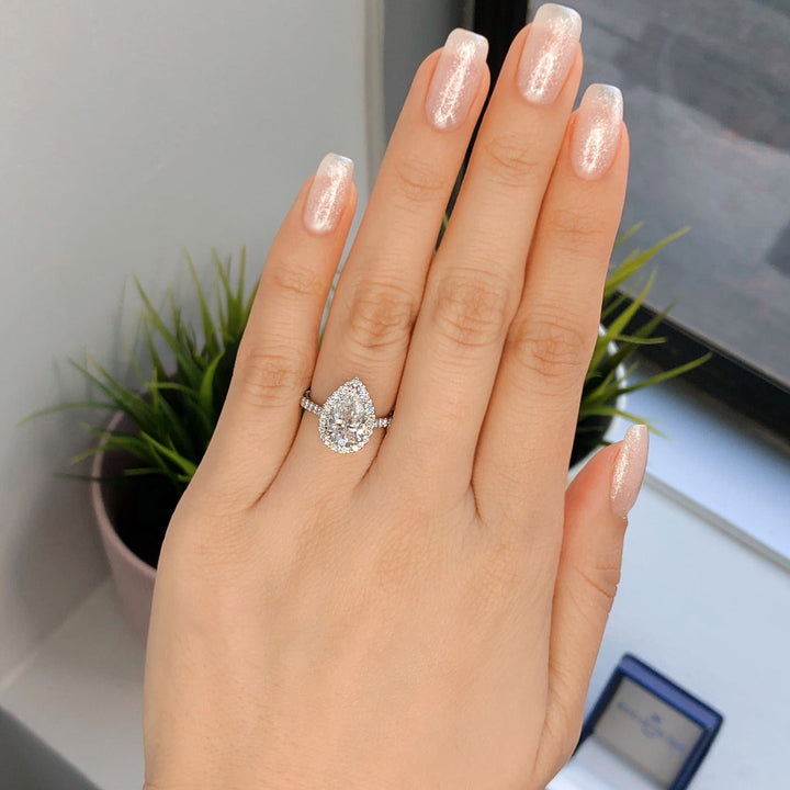 1.93 ct  Pear cut Halo  Moissanite solitaire  Engagement Ring
