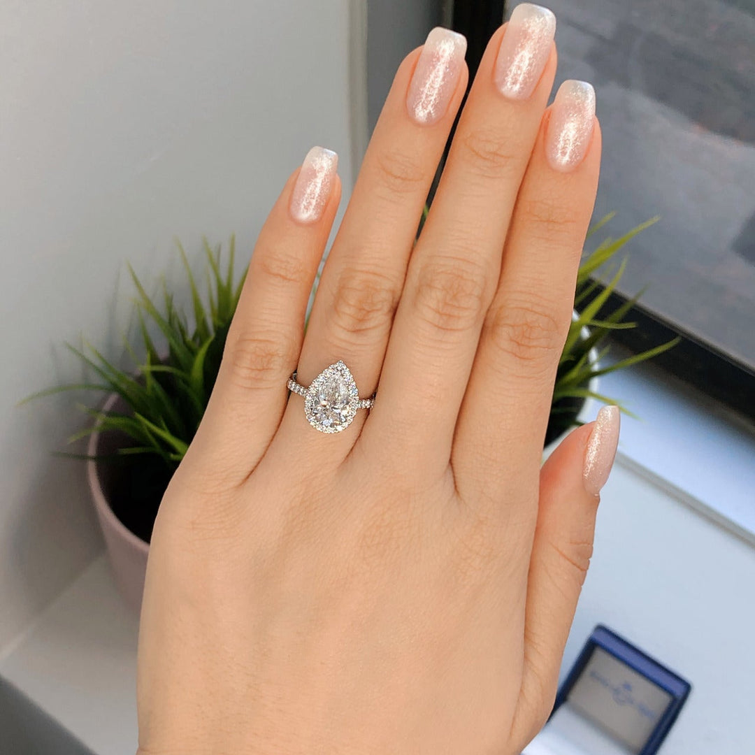 1.93ct Pear Cut Halo Moissanite Solitaire Engagement Ring