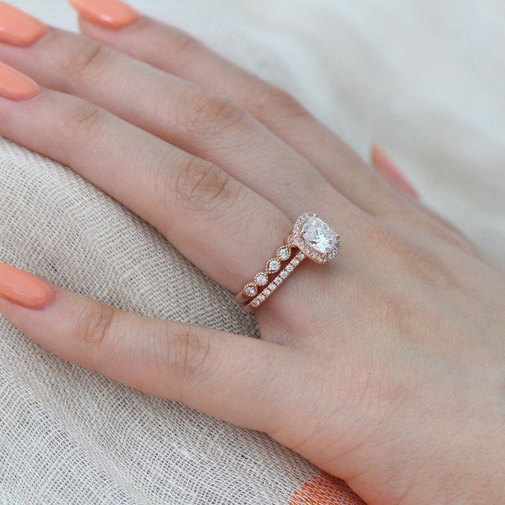 Cushion cut moissanite with halo bridal band set 14k in rose gold