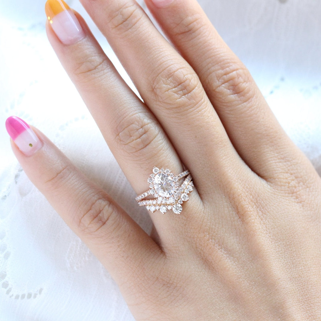 Tiara Halo Oval Ring Set in Pave Band With Tiara Diamond Wedding Band