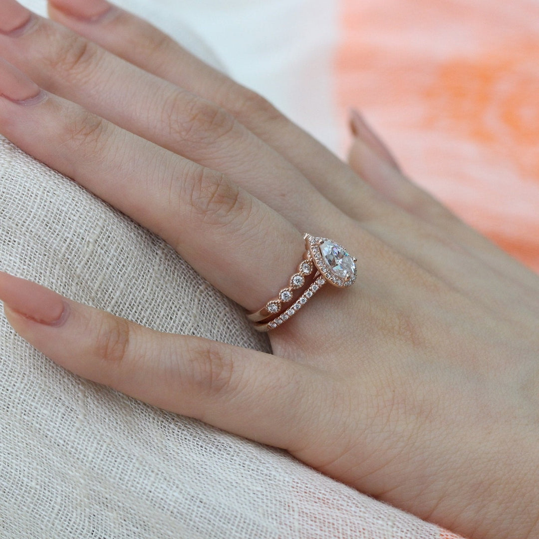 Pear Halo Pave Moissanite Ring With Milgrain Band Ring