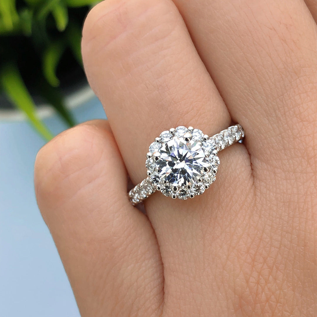 1.0 ct  Round cut Halo Moissanite Engagement Ring