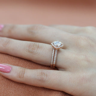 Cushion cut moissanite with bridal band set 14k in rose gold