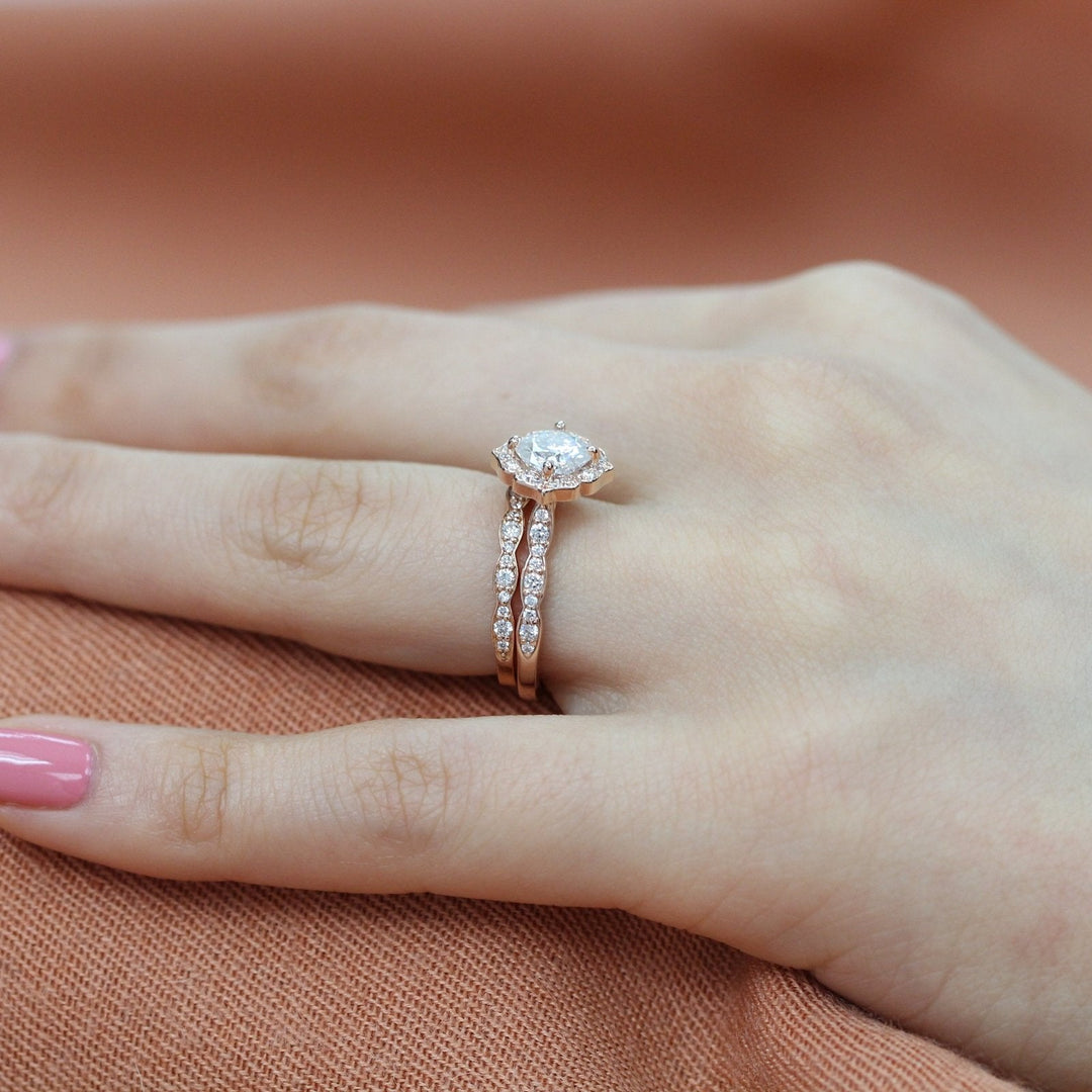 Cushion cut moissanite with bridal band set 14k in rose gold