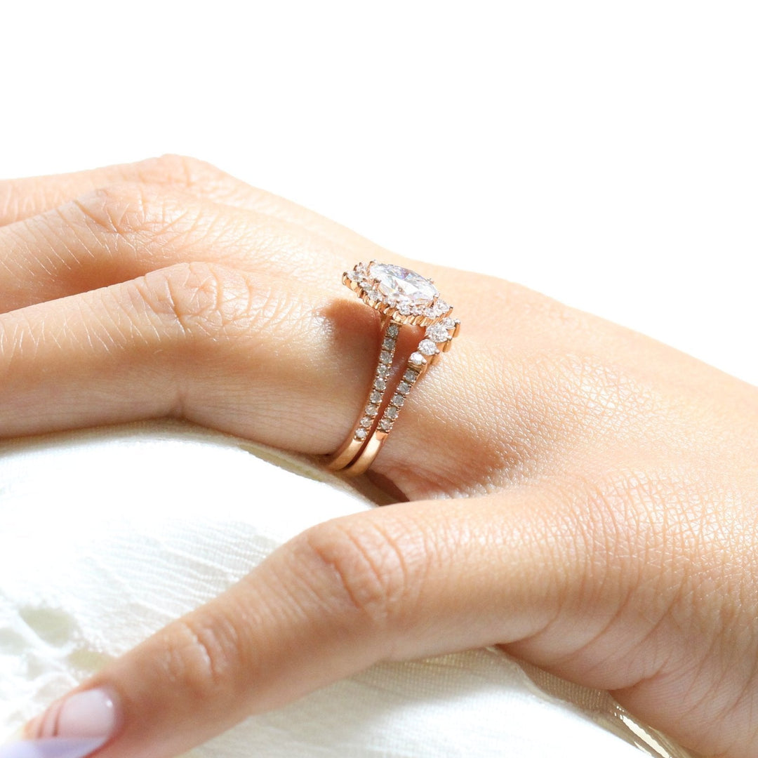 Oval cut moissanite with halo bridal band set 14k in rose gold