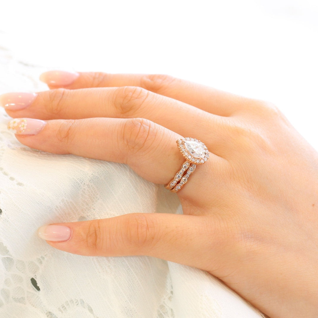 Pear cut moissanite with halo bridal band set 14k in rose gold