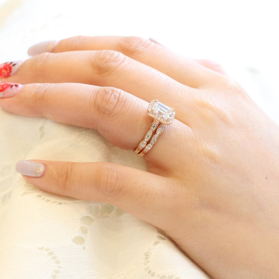 1.60ct Emerald Cut Moissanite Halo Engagement Ring with Match Wedding Band