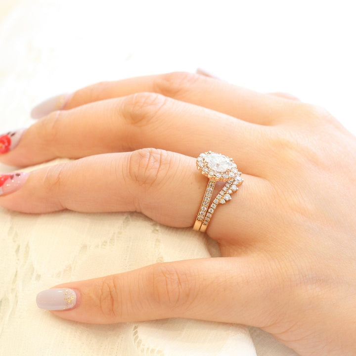 1.5ct Oval Cut Moissanite Halo Engagement Ring With Crown Wedding Band