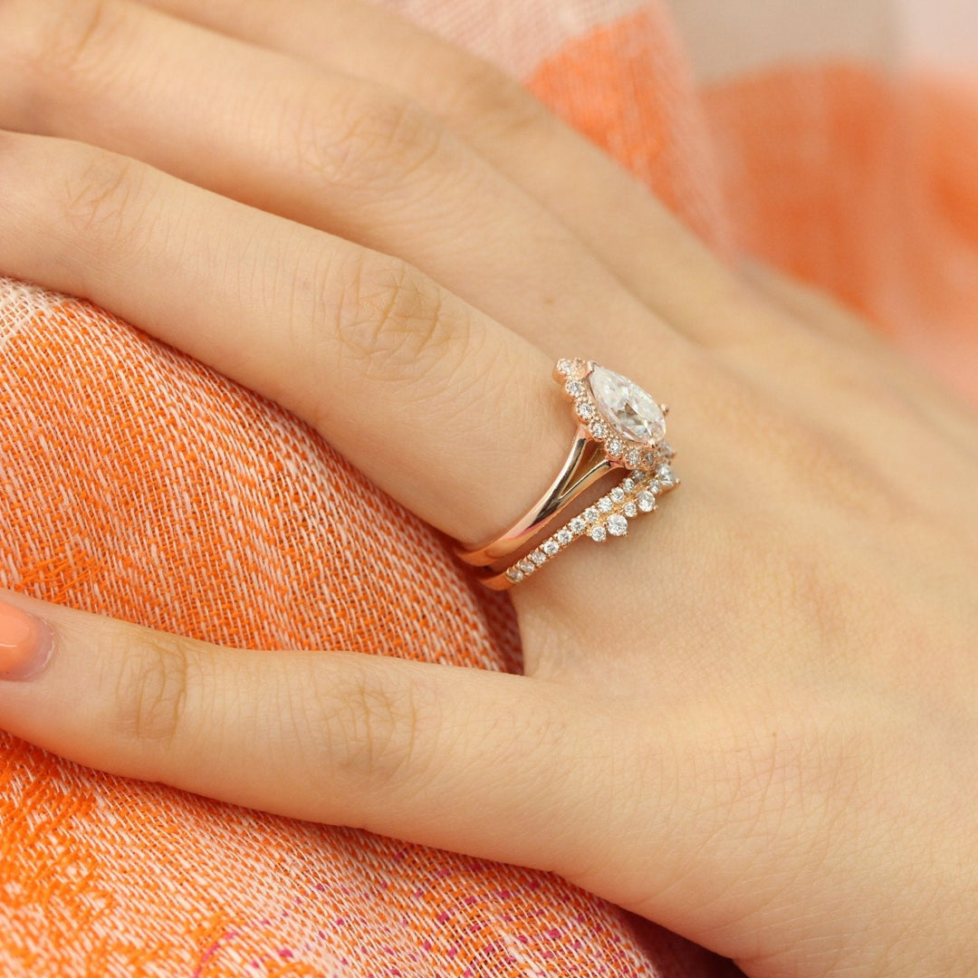 Pear Cut Halo Moissanite Ring With Crown Diamond Band