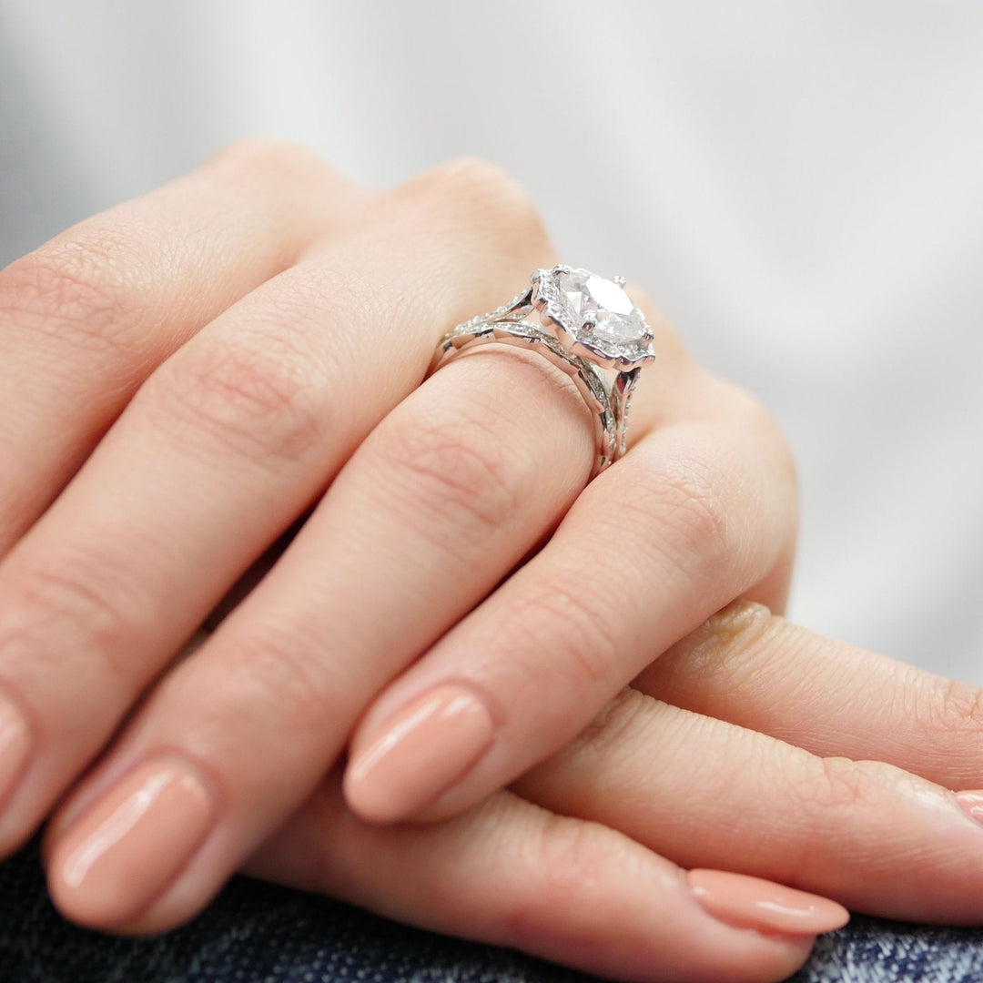 Cushion Cut Vintage Floral Moissanite Ring With Scalloped Diamond Band