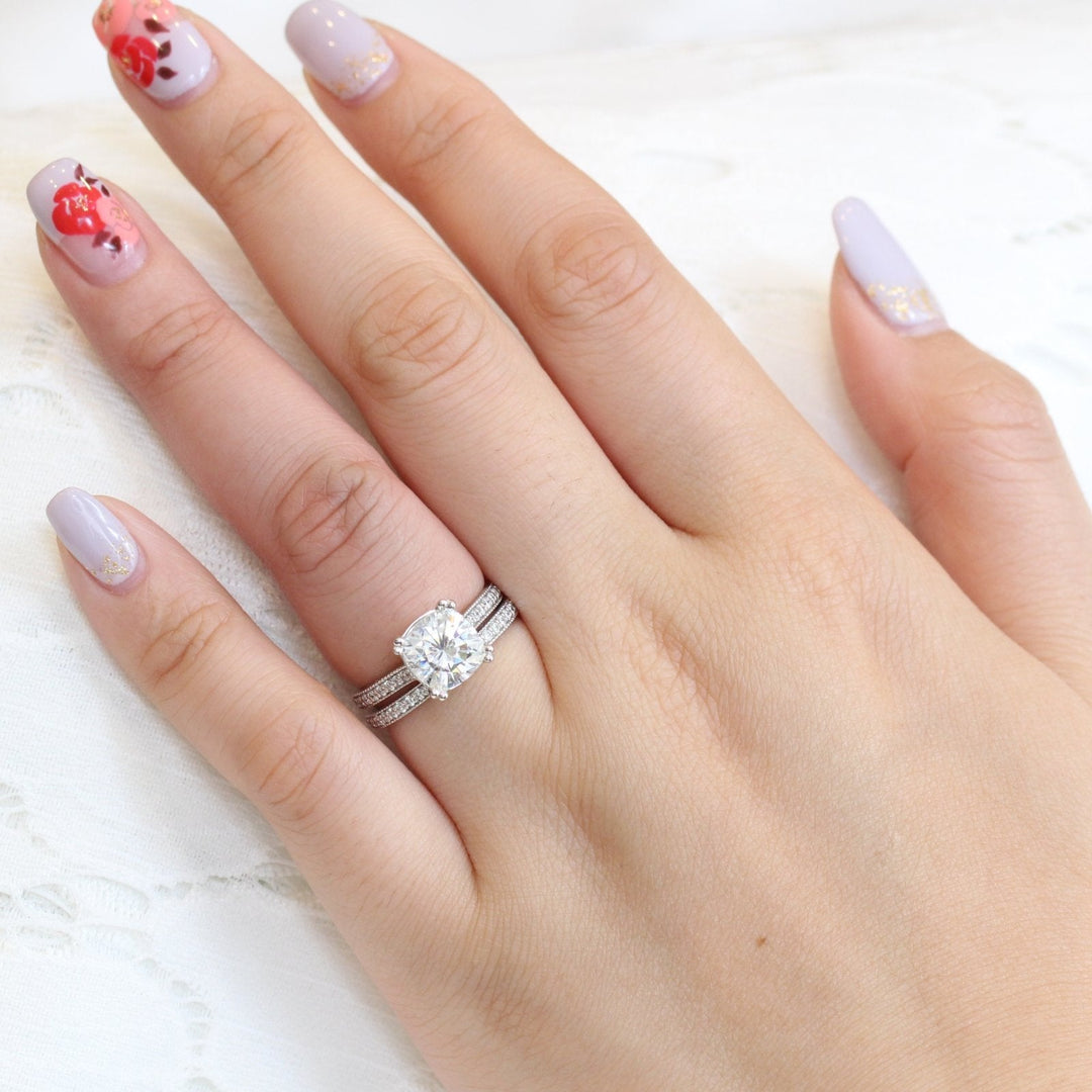 Solitaire Cushion Moissanite Ring With Milgrain Diamond Band