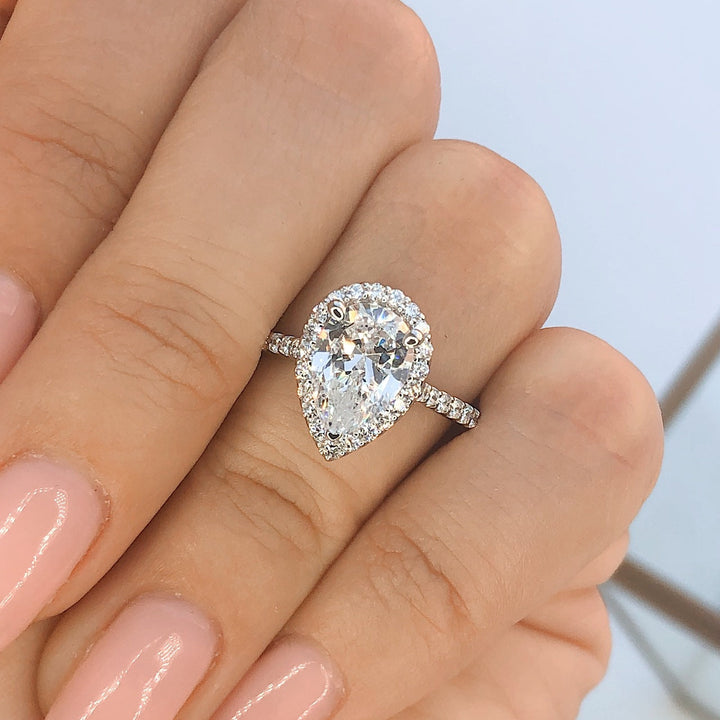 1.93 ct  Pear cut Halo  Moissanite solitaire  Engagement Ring