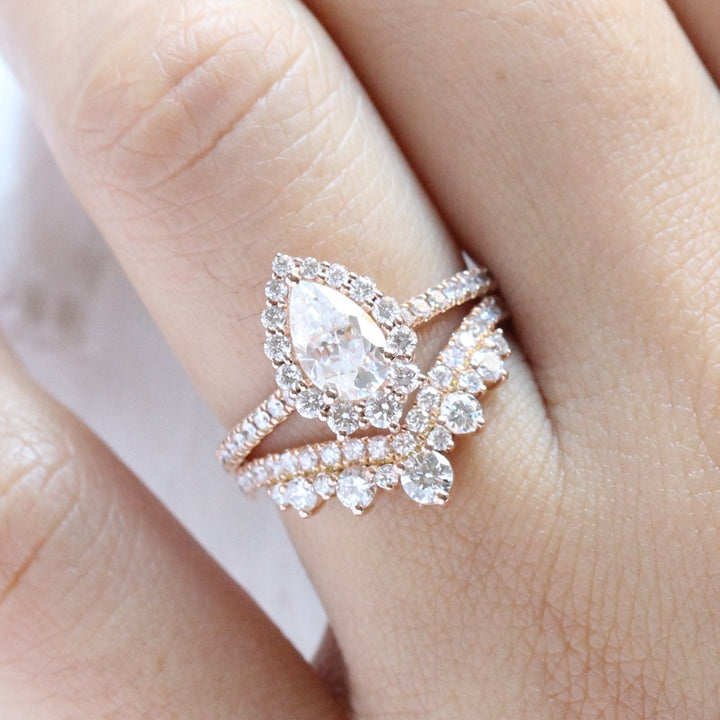 Tiara Halo Pave Bridal Set With Pear Moissanite and Tiara Diamond Band