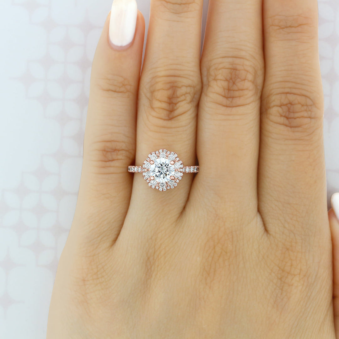 1.0 ct  Round cut Double Halo Moissanite Engagement Ring