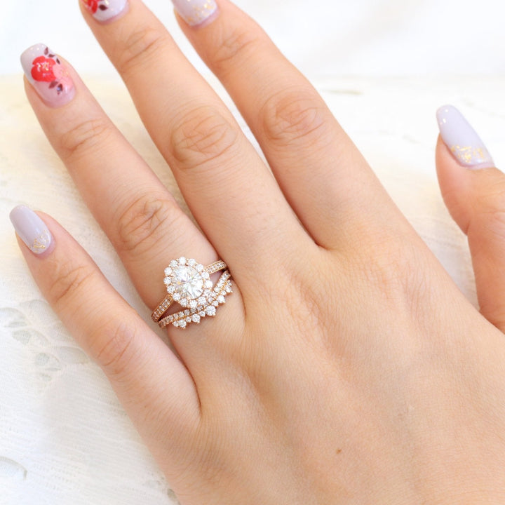 1.5ct Oval Cut Moissanite Halo Engagement Ring With Crown Wedding Band