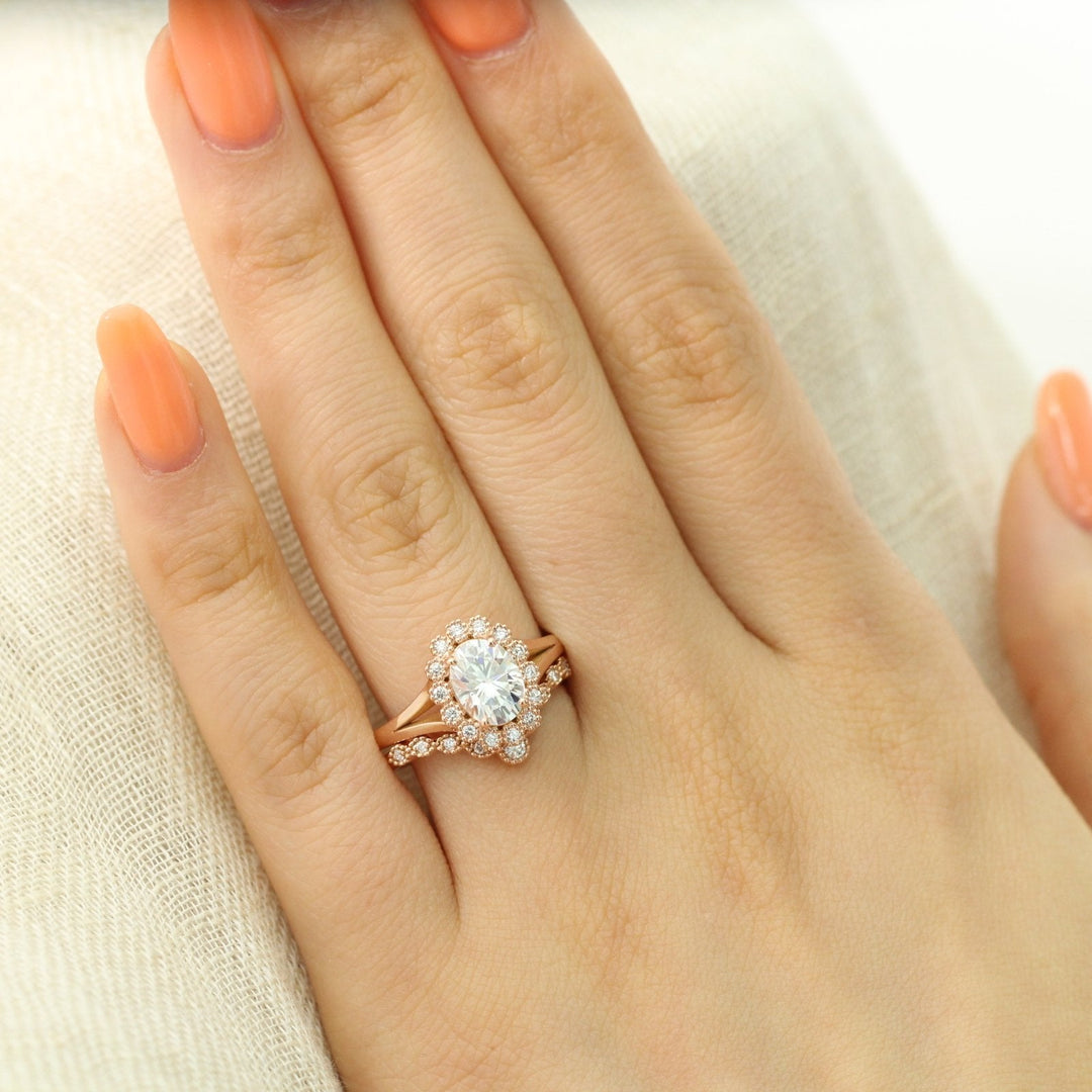 Oval cut moissanite with halo bridal band set 14k in rose gold