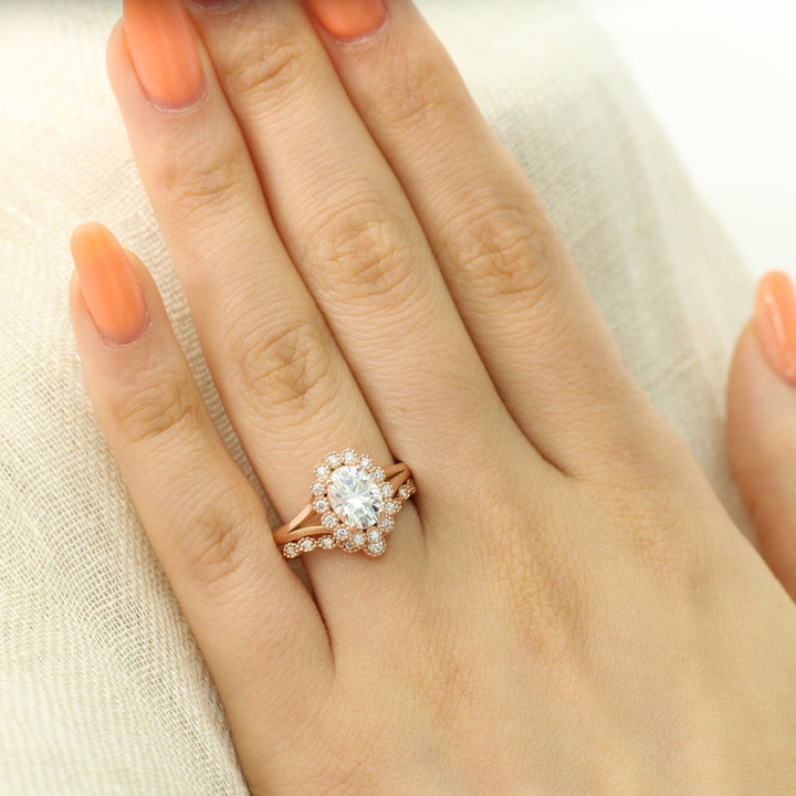 Oval cut moissanite with halo bridal band set 14k in rose gold