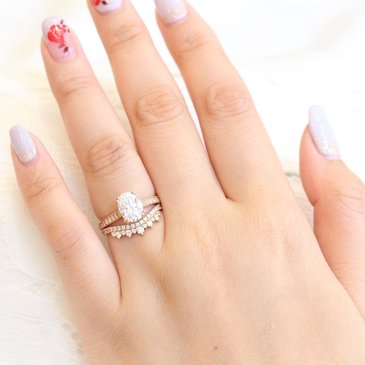 2.0ct Oval Cut Moissanite Channel Set Engagement Ring With Crown Wedding Band