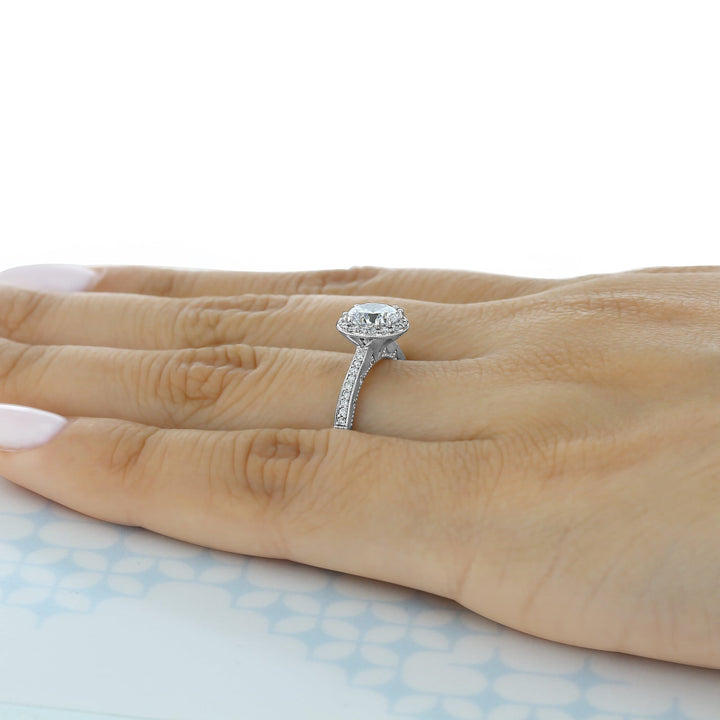1.35CT Round Cut Halo Moissanite Engagement Ring in 18K White Gold