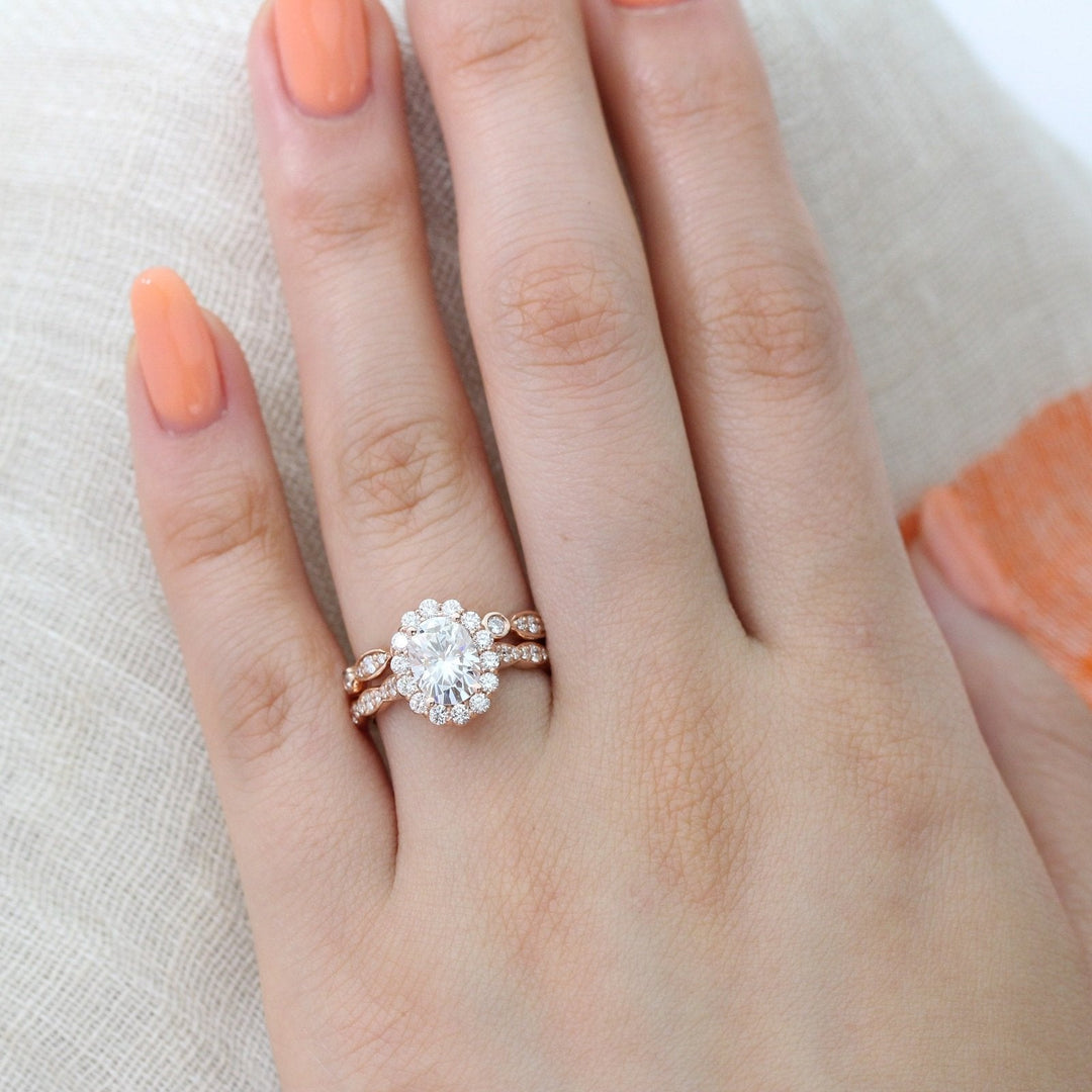 1.50ct Oval Moissanite Halo Engagement Ring With Matching Diamond Band