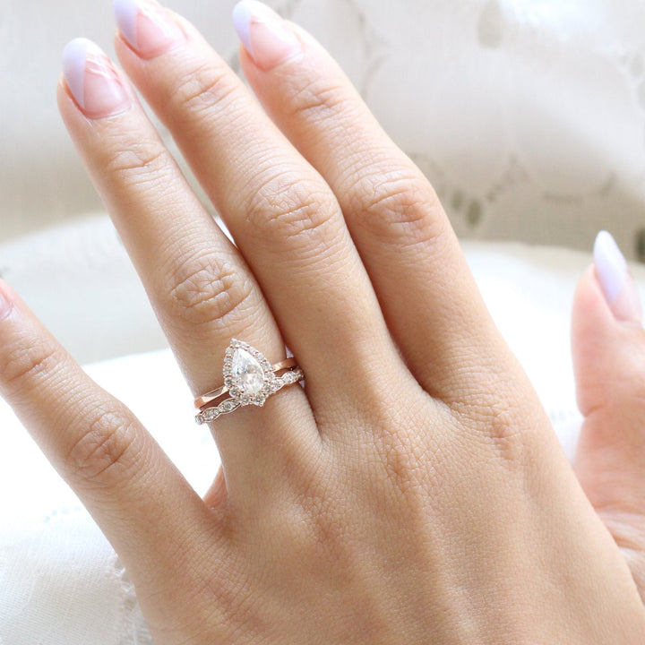 Tiara Halo Bridal Set With Pear Moissanite and Scalloped Diamond Band