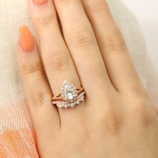 Pear Cut Halo Moissanite Ring With Crown Diamond Band
