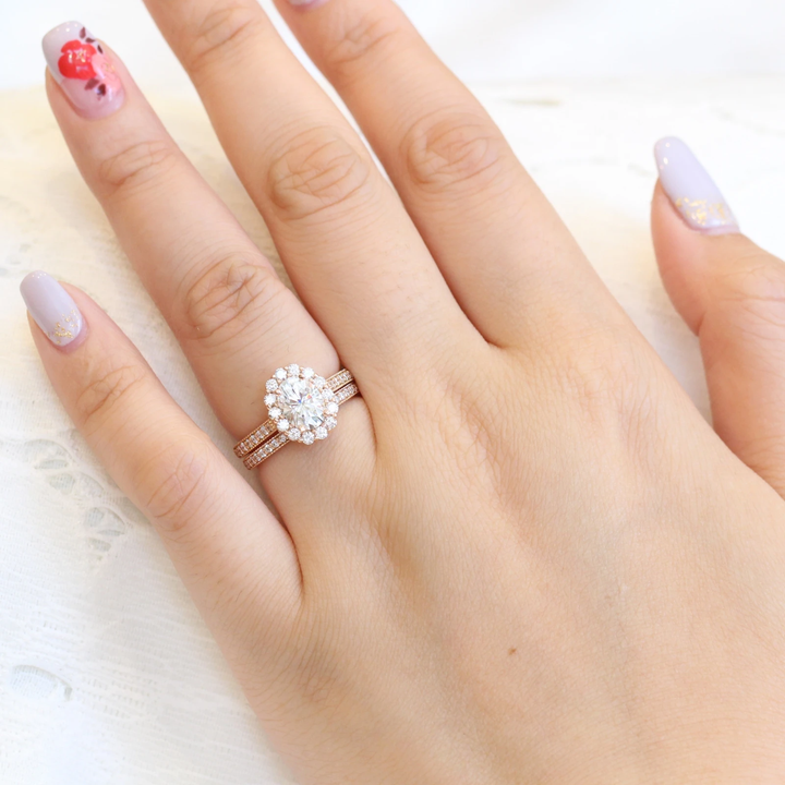 Oval cut moissanite with halo bridal band set 14k in rose gold