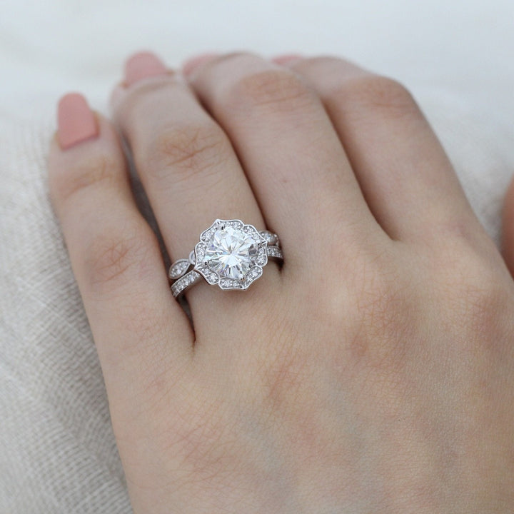 Vintage Floral Cushion Cut Bridal Set With Moissanite Milgrain Band