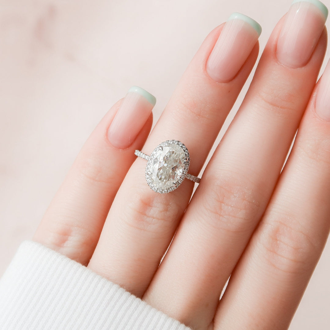 3.50CT Elongated Oval Cut Halo Moissanite Diamond Pave Engagement Ring
