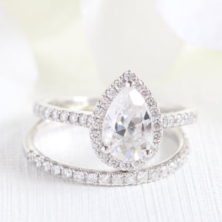 Pear Cut Halo Pave Ring With Diamond Wedding Band