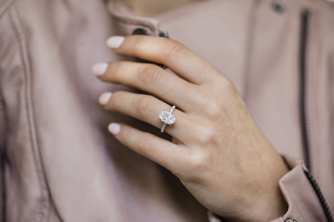 3.0CT Oval Cut Hidden Halo Four Prongs Moissanite Diamond Engagement Ring