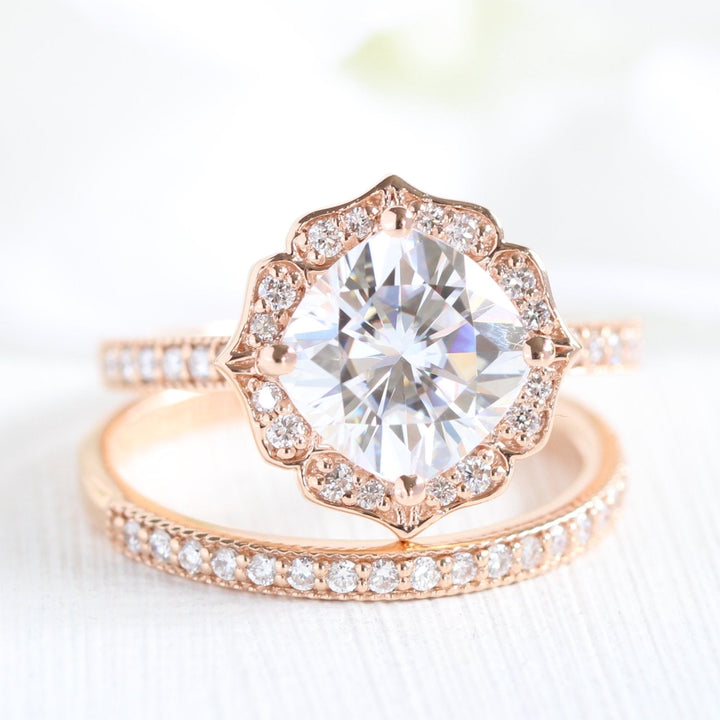 Vintage Floral Inspired Cushion Moissanite Ring With Milgrain Diamond Band