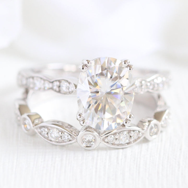 2.0ct Oval Moissanite Double Claw Ring with Matching Wedding Band