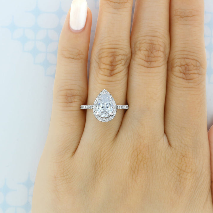 1.93ct Pear Cut Halo Moissanite Solitaire Engagement Ring