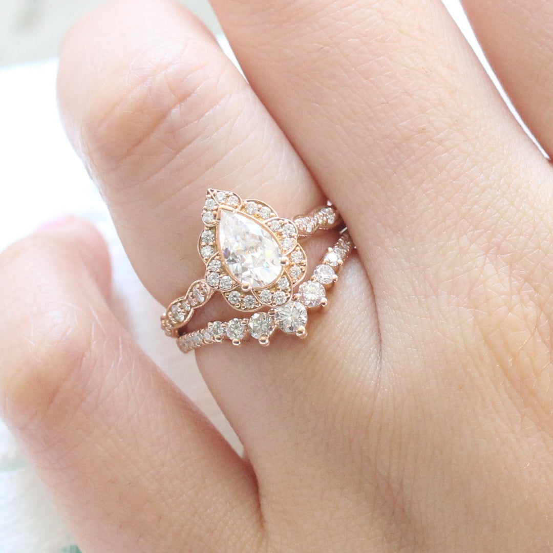 Pear cut moissanite with bridal band set 14k in rose gold