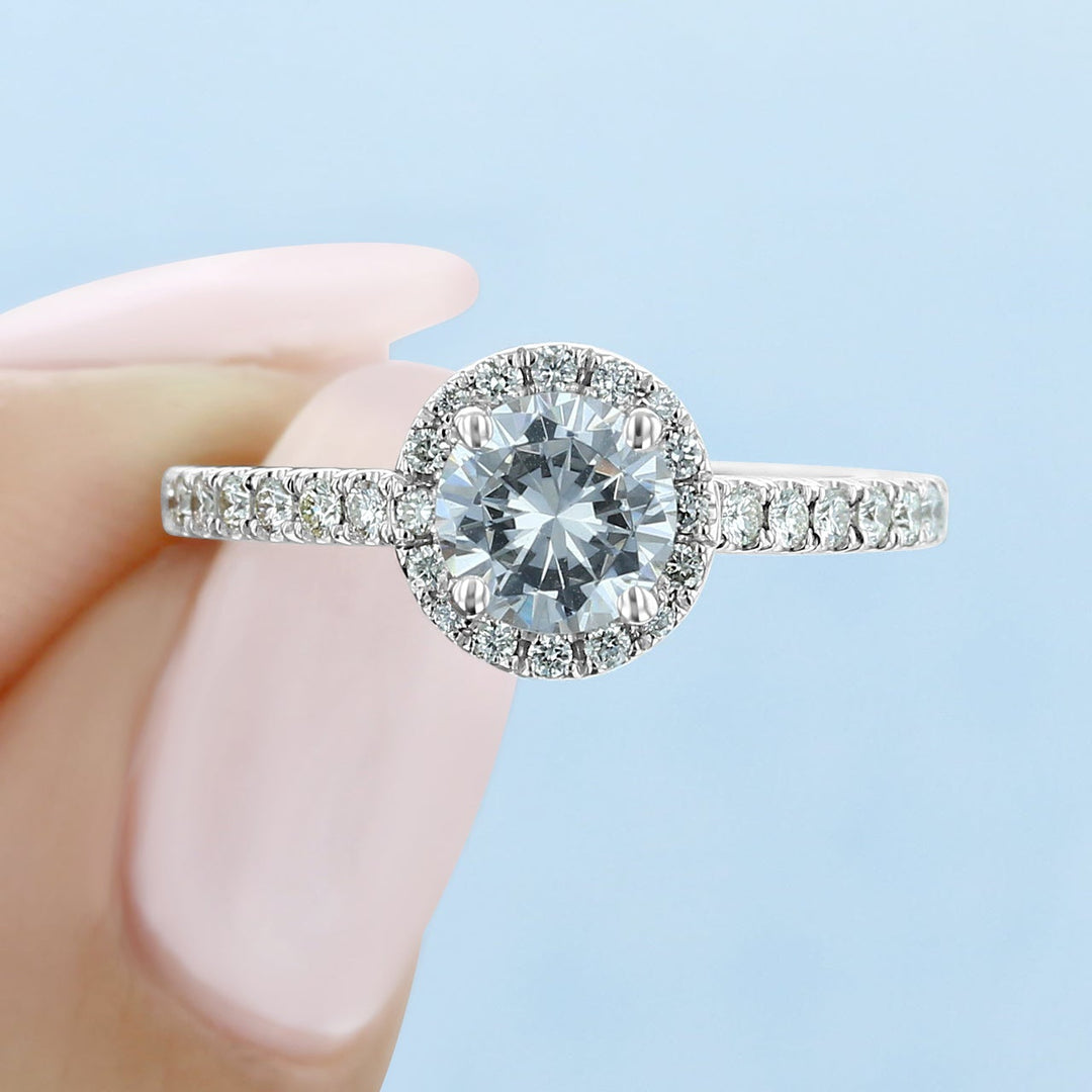 1.0ct Round Cut Halo Micro Prong Moissanite Engagement Ring