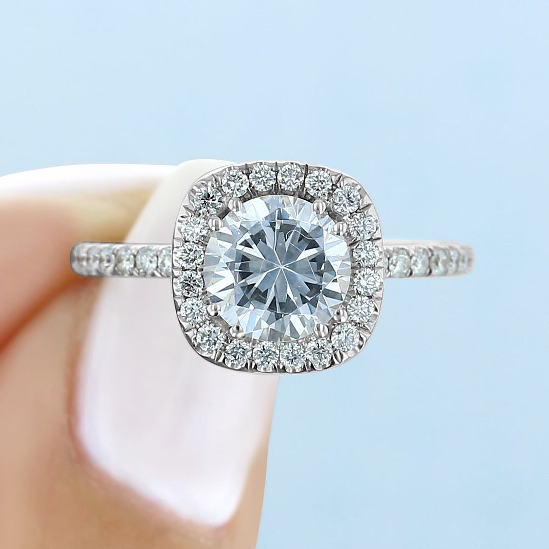 1.0ct Round Cut Moissanite Unique Halo Engagement Ring