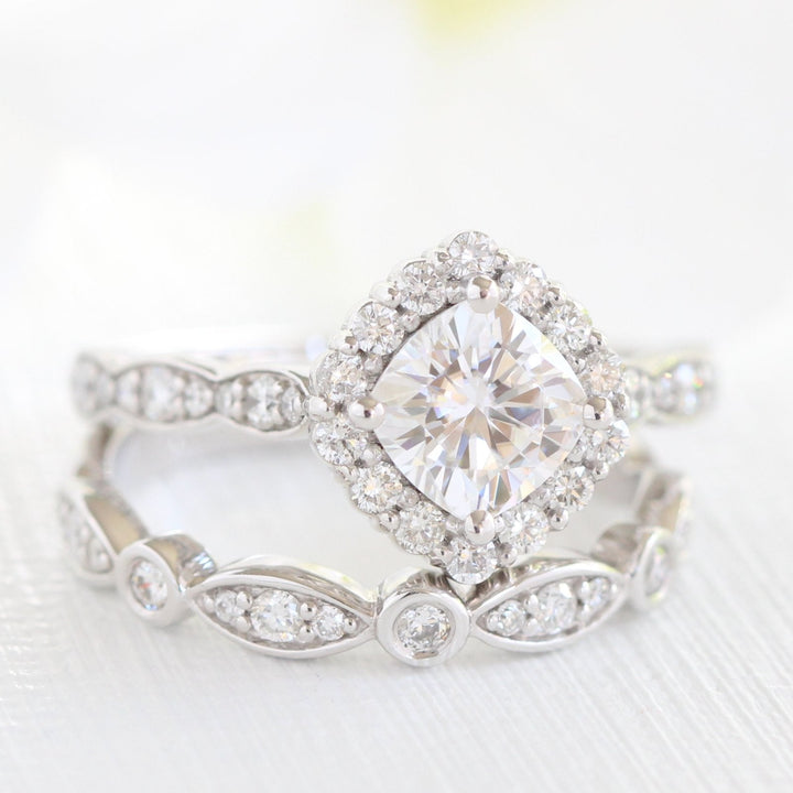 Cushion cut moissanite with halo bridal band set 14k in rose gold