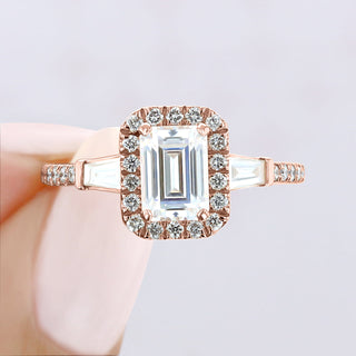 1.60 ct Emerald cut Halo Moissanite Engagement Ring