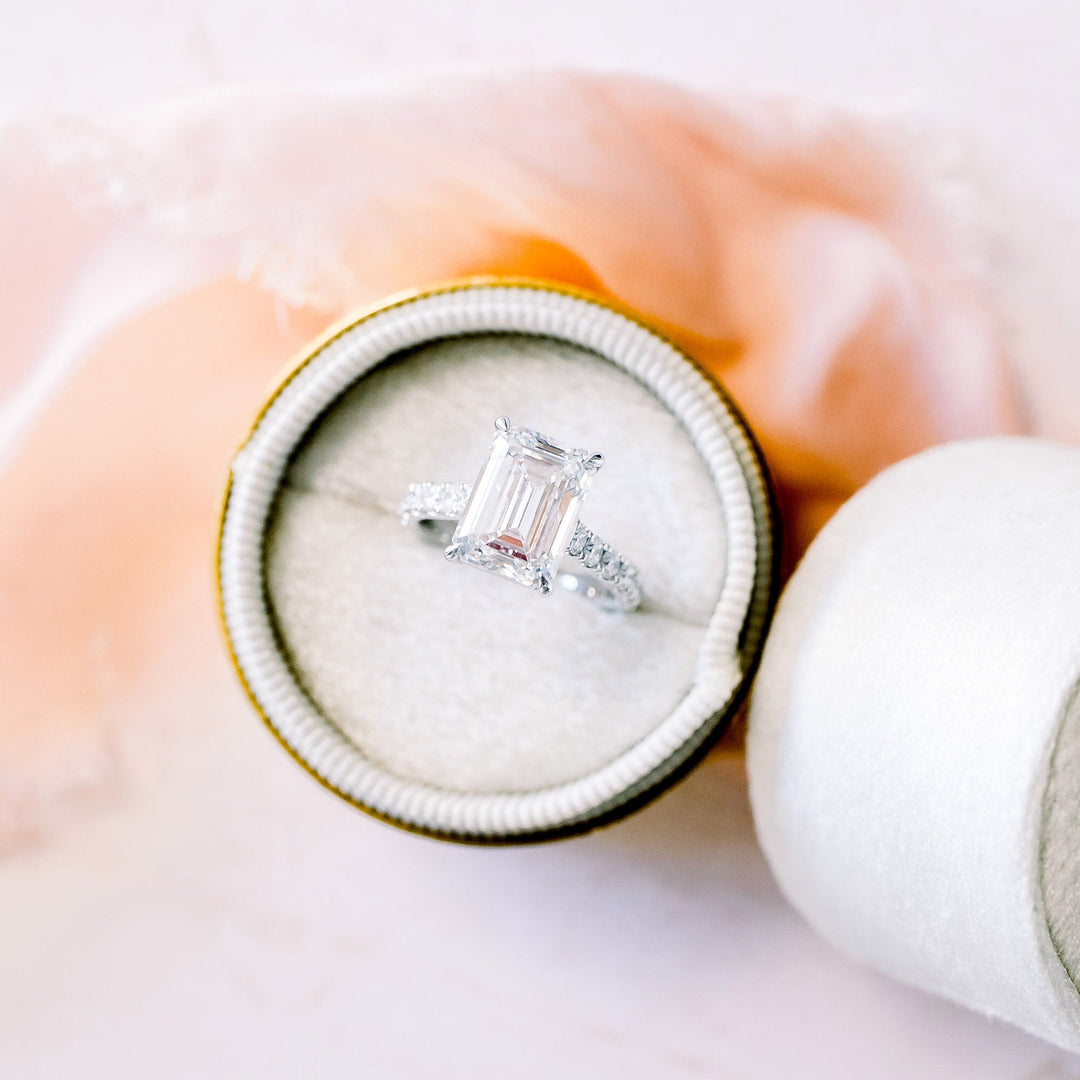 1.75CT Emerald Cut Moissanite Cathedral Pave Diamond Engagement Ring