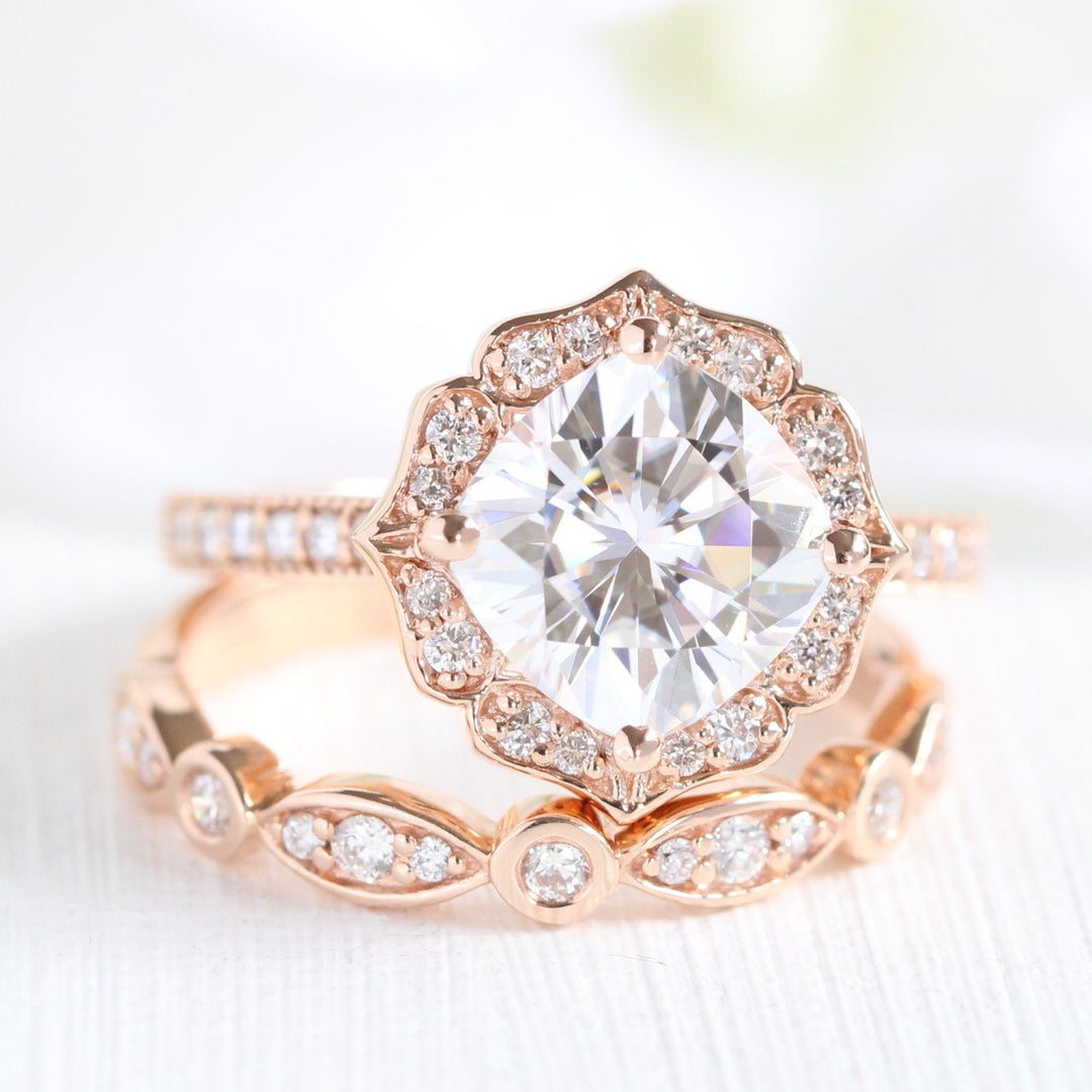 Vintage Floral Cushion Cut Bridal Set With Moissanite Milgrain Band