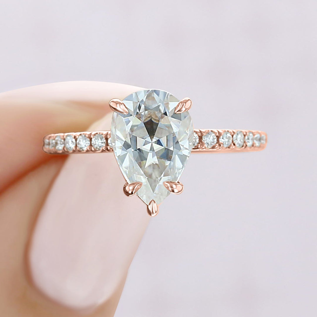 1.93CT Pear Cut Hidden Halo Moissanite Engagement Ring in 18K Rose Gold