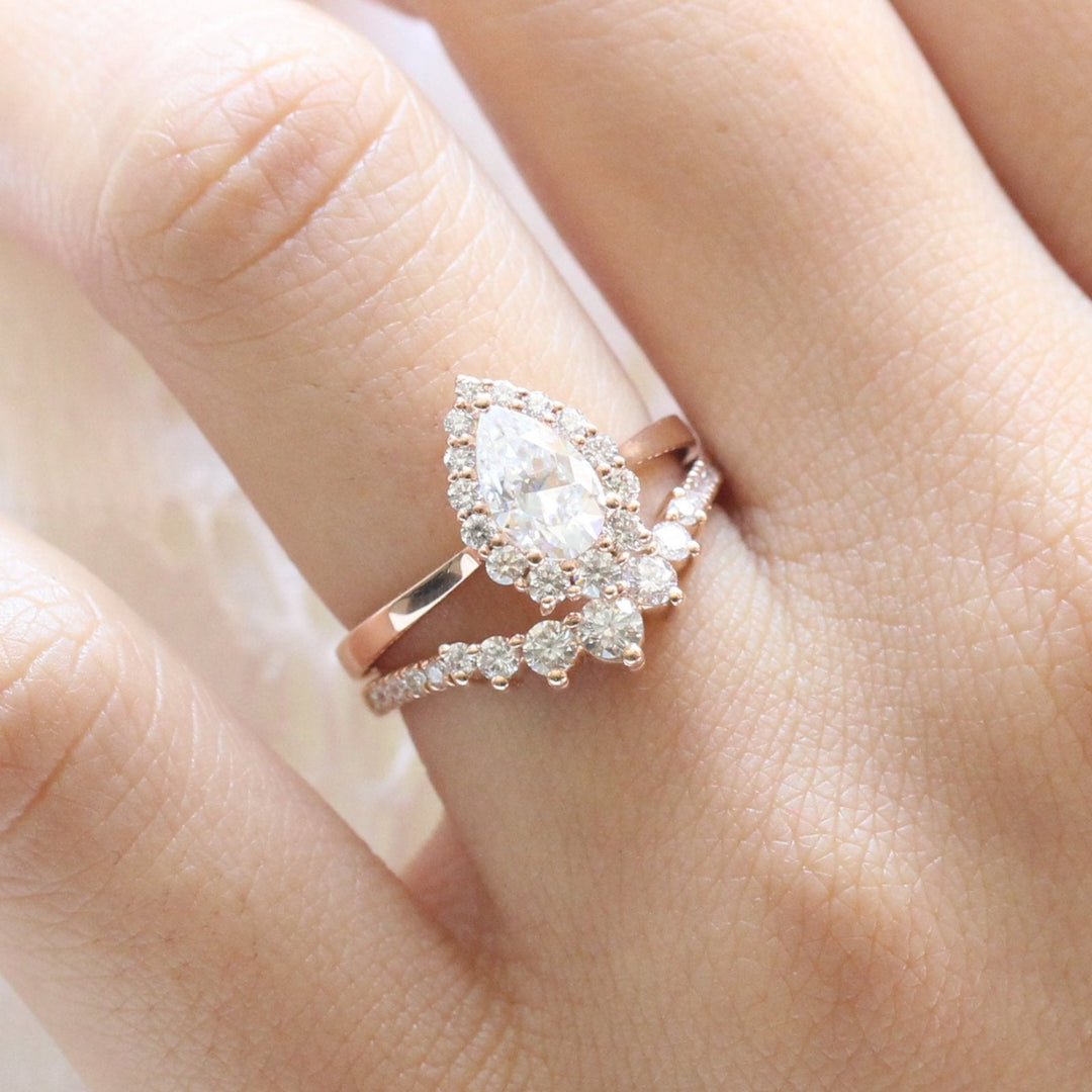Pear cut moissanite with halo bridal band set 14k in rose gold